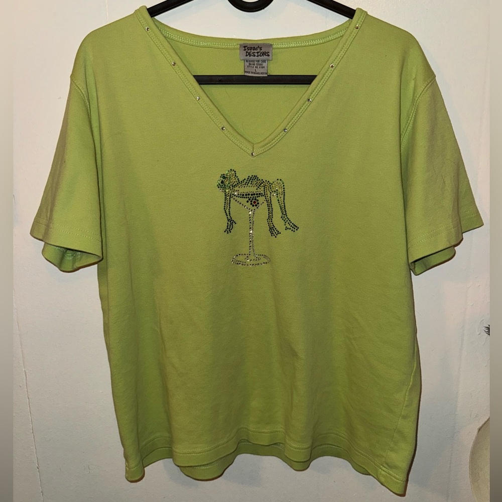 Isaac’s Designs V-Neck Embellished Frog T-Shirt - Green, Size Large